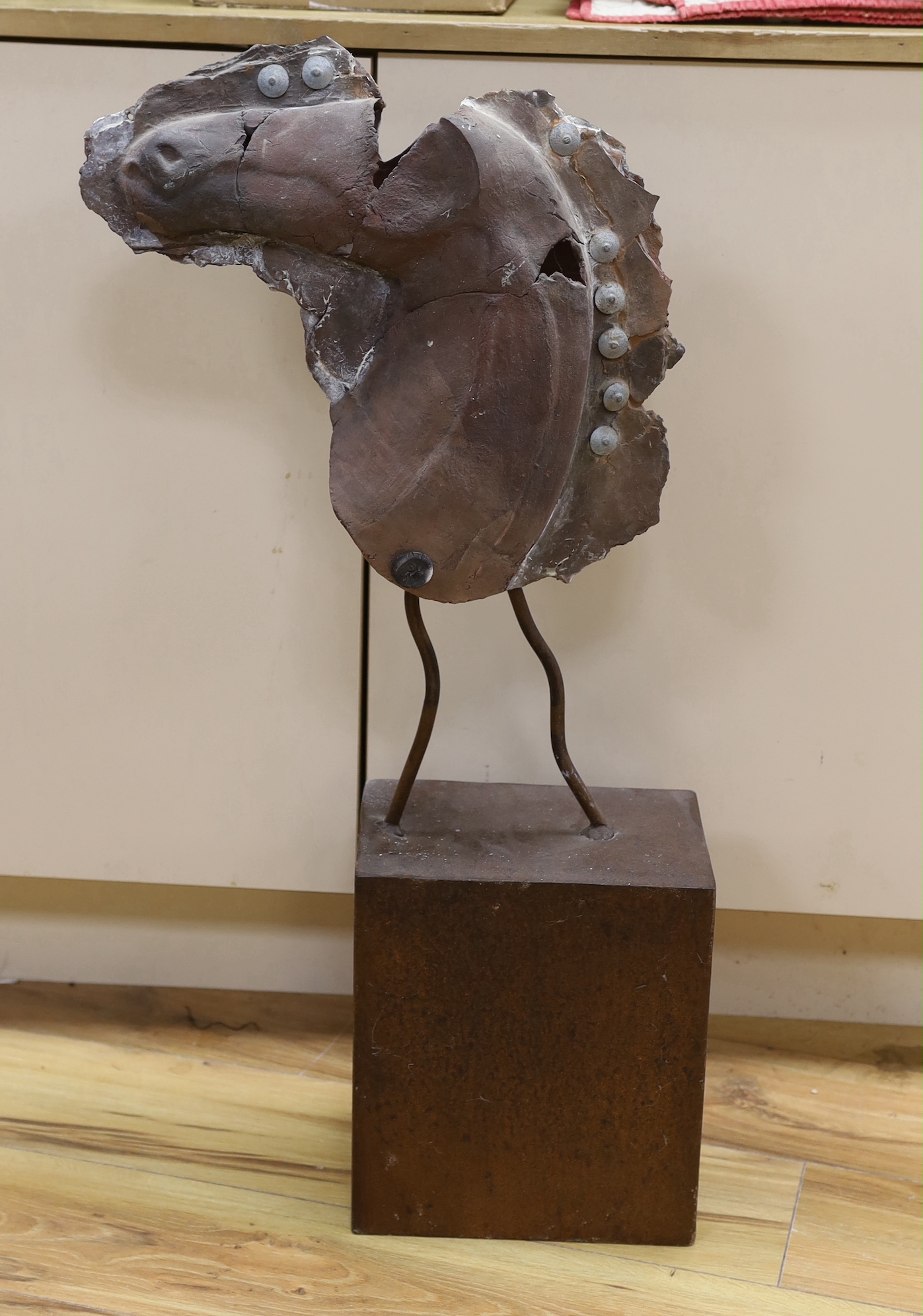 Karen Holbrook - an abstract terracotta model of a horse's head, 83cm tall including base